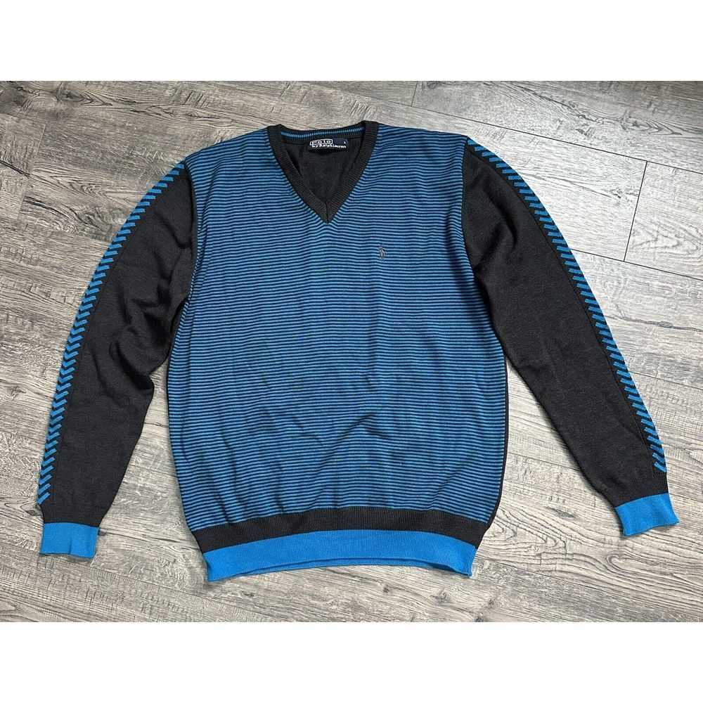 Polo Ralph Lauren Cotton Striped Acrylic Business Casual Blue Black Sweater Sz L